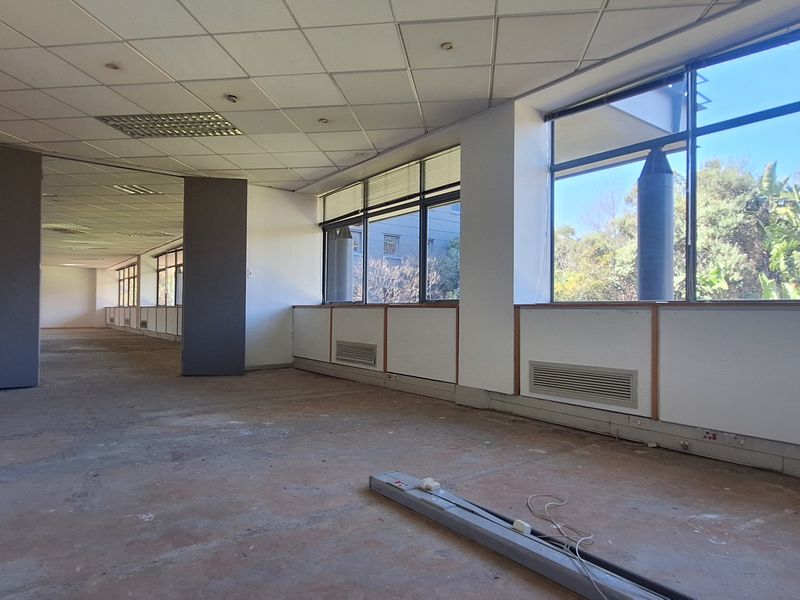 An expansive, empty office space featuring large windows, suspended ceilings, and integrated HVAC systems, ready for refurbishment or custom fit-out.