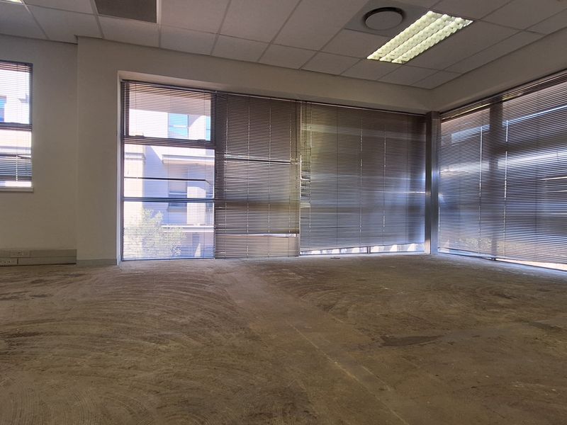 An empty office space featuring large windows with venetian blinds, suspended ceilings with recessed lighting, and worn flooring requiring attention.