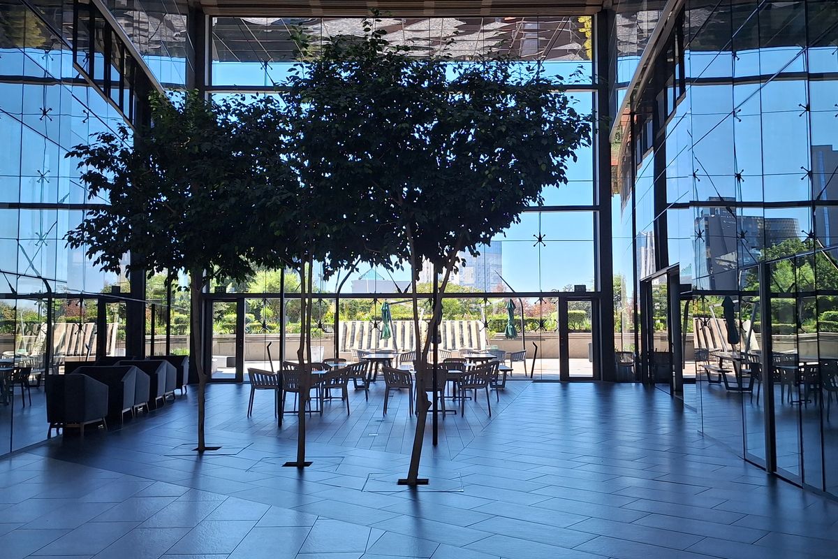 Modern open-plan office atrium featuring floor-to-ceiling glass walls, high ceilings with recessed lighting, and sleek tiled flooring with integrated indoor trees.
