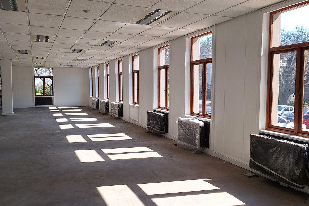 A spacious, empty office area featuring a suspended ceiling, recessed lighting, and multiple timber-framed windows providing ample natural light.