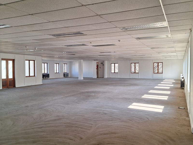 A large, open-plan office space featuring a suspended ceiling, recessed lighting, and carpeted flooring with multiple windows providing natural light.