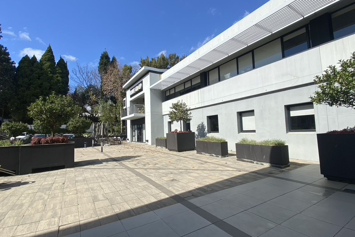 A well-maintained commercial building exterior featuring a paved courtyard, integrated fixed planters, and modern architectural shading elements.
