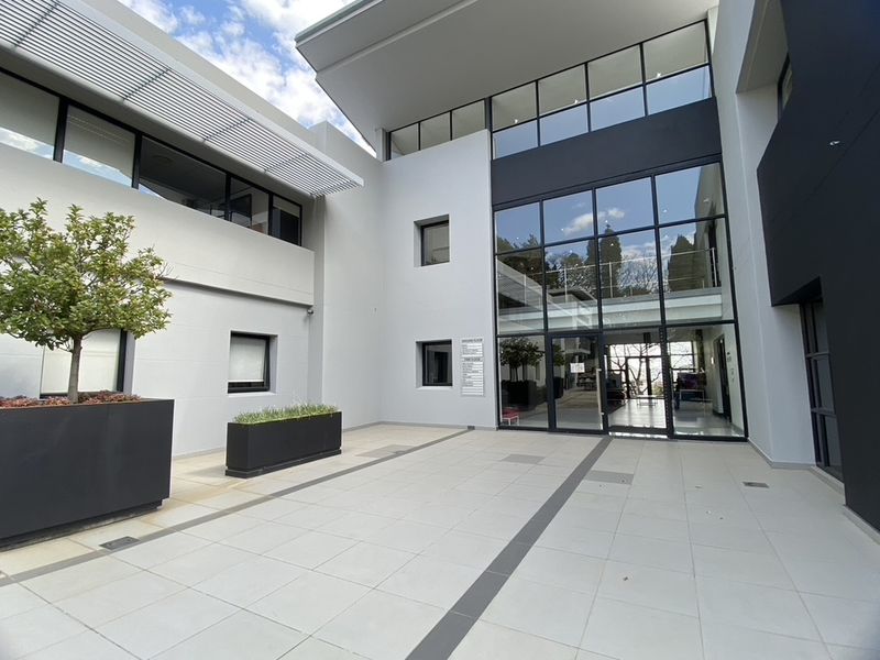 Modern commercial building entrance featuring a spacious tiled courtyard, large glass facade, and contemporary architectural design with integrated planters.