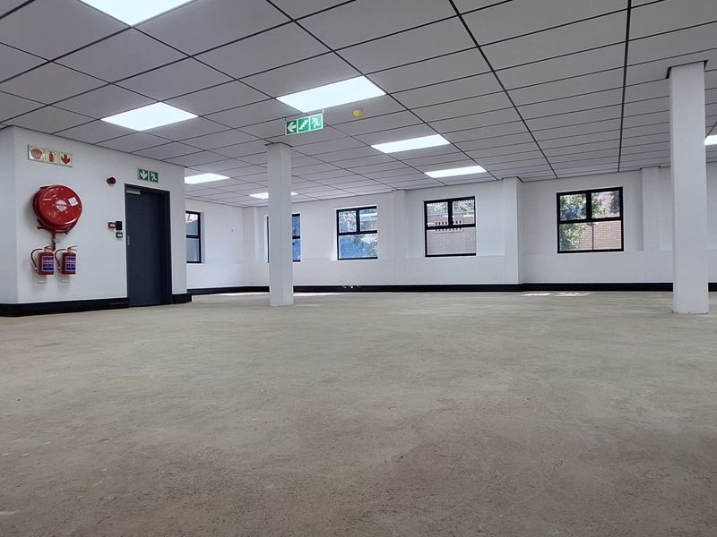 A spacious, open-plan office area featuring a suspended ceiling with recessed lighting, structural columns, and essential fire safety equipment.