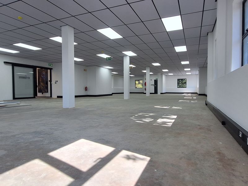Spacious open-plan office area featuring a suspended ceiling, recessed lighting, structural columns, and perimeter trunking for electrical and data connectivity.