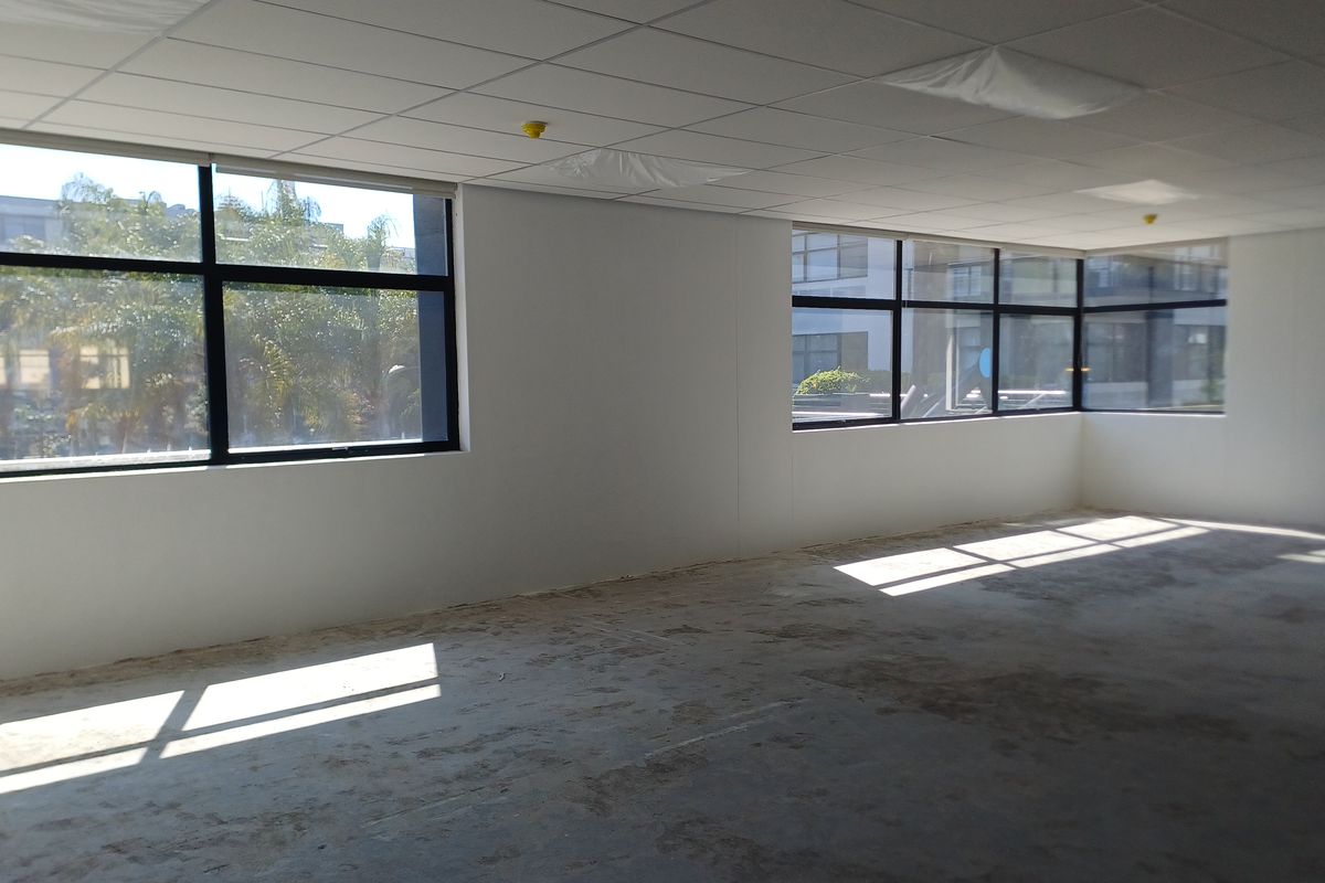 A vacant, open-plan office space featuring large windows, a suspended ceiling, and unfinished concrete flooring, offering a blank canvas for custom fit-outs.