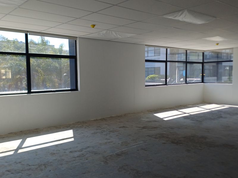 A vacant, open-plan office space featuring large windows, a suspended ceiling, and unfinished concrete flooring, offering a blank canvas for custom fit-outs.