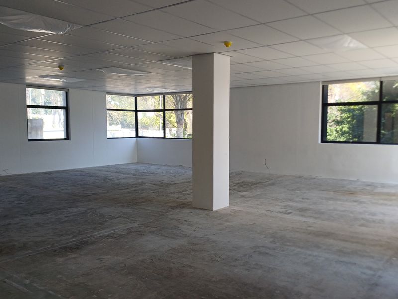A spacious, vacant open-plan office area featuring a suspended ceiling, large windows with aluminum frames, and an unfinished concrete floor.