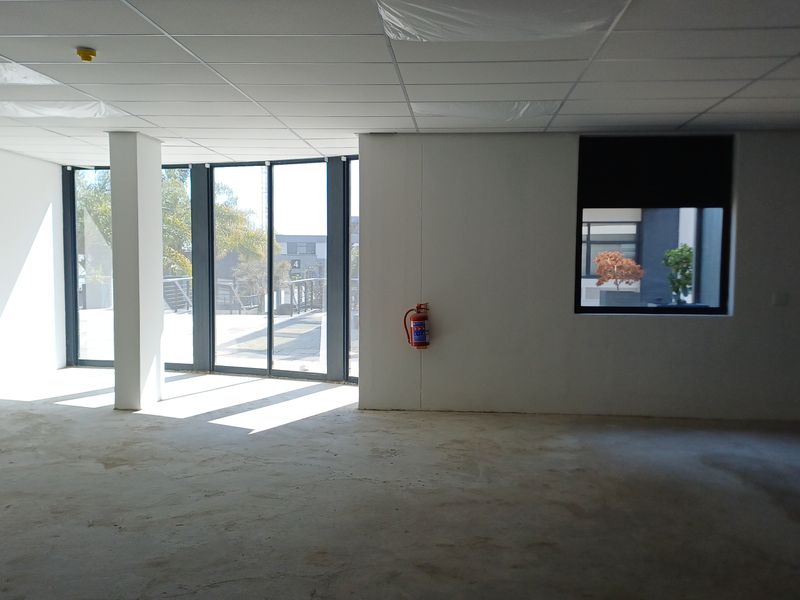 An empty, open-plan office space featuring a suspended ceiling, large glass sliding doors, and unfinished concrete flooring, ready for custom fit-out.