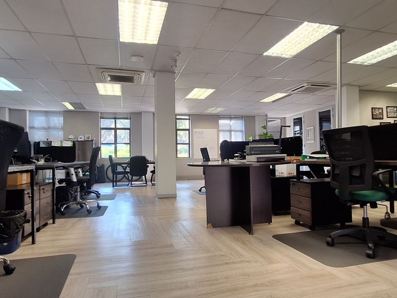 Open-plan office space featuring a suspended ceiling with recessed lighting, central air conditioning, and durable vinyl plank flooring.