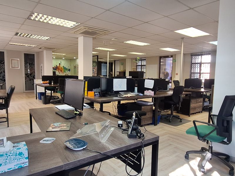 Open-plan office space featuring suspended ceilings, recessed lighting, and durable laminate flooring, providing a functional and well-lit professional work environment.