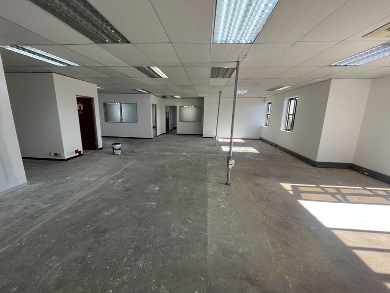 An open-plan office space featuring a suspended ceiling with recessed lighting, power skirting, and unfinished concrete flooring, ready for tenant fit-out.