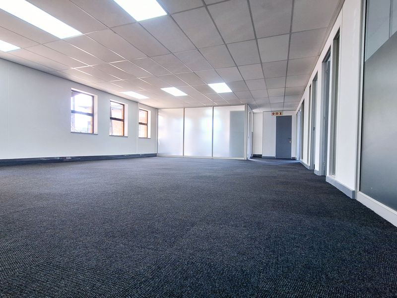 A spacious, open-plan office area featuring neutral carpeting, suspended ceilings with recessed lighting, and glass partition walls, offering a clean and professional workspace.