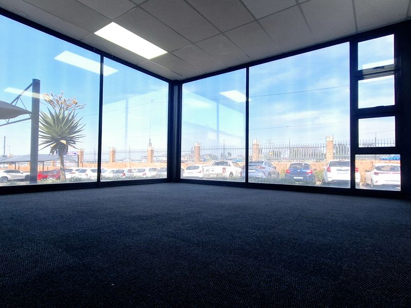 A bright, empty office space featuring expansive floor-to-ceiling windows, carpeted flooring, and a suspended ceiling with recessed lighting.