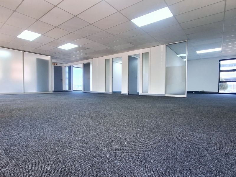Spacious open-plan office area featuring neutral carpeting, suspended ceiling with recessed lighting, and modern glass partition walls creating private office suites.