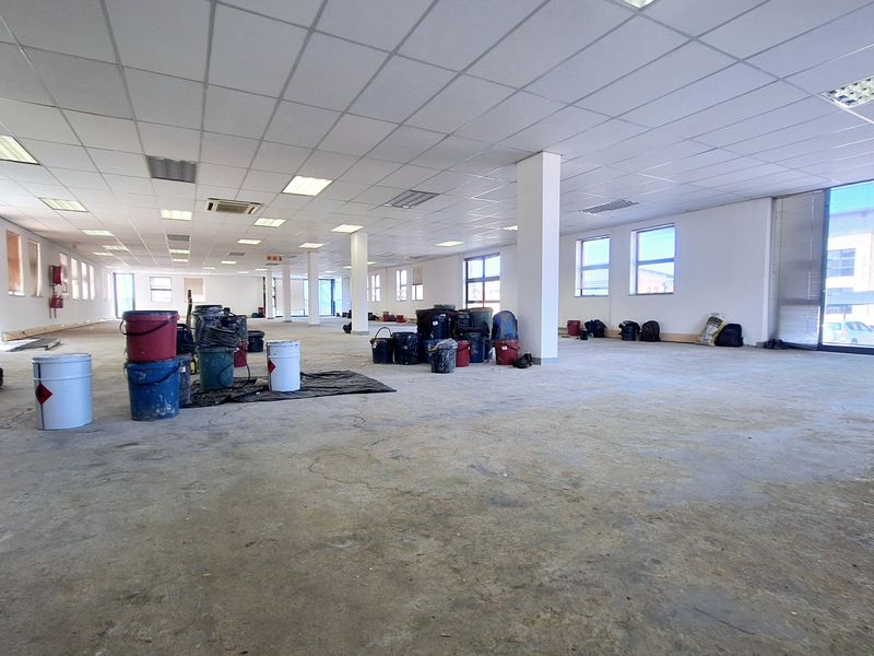 A large, open-plan office space featuring a suspended ceiling, recessed lighting, and expansive windows, currently undergoing renovation with unfinished concrete flooring.