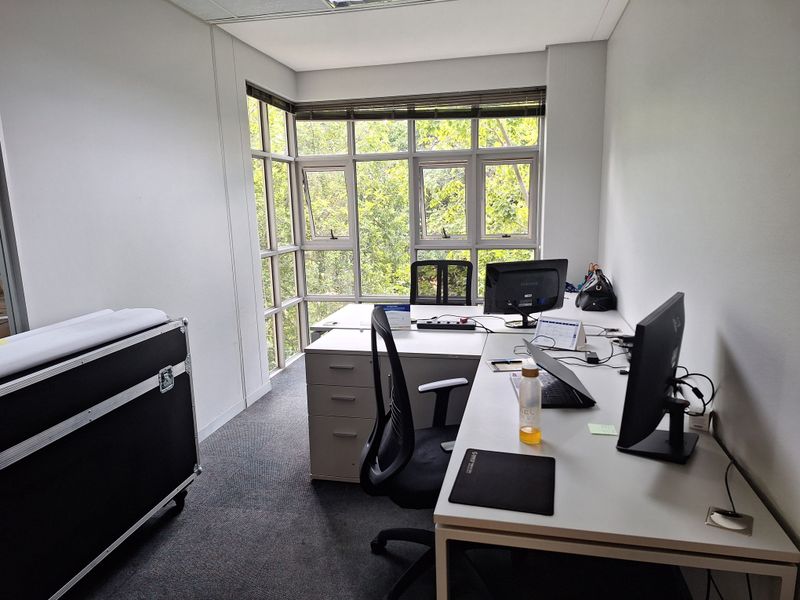 A functional office space featuring corner windows that provide natural light and views, carpeted flooring, and a suspended ceiling.