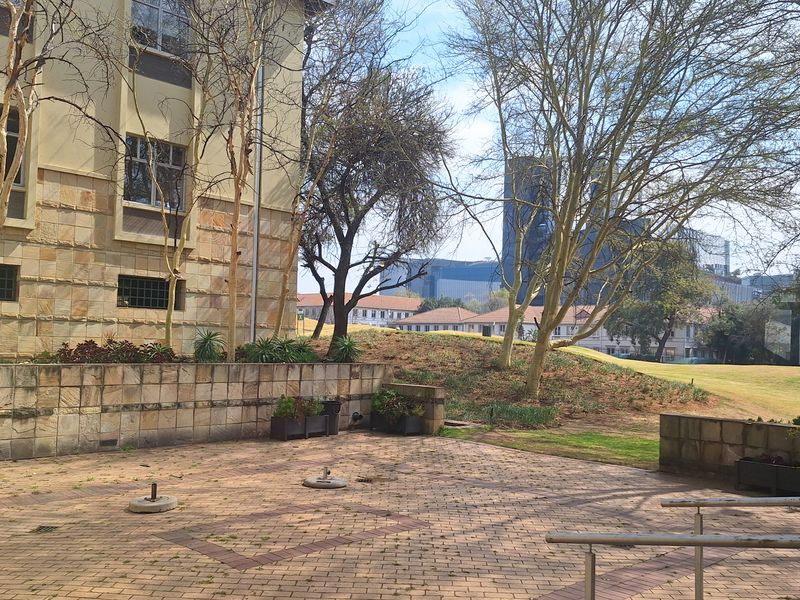 Rear exterior courtyard featuring stone-clad building facade, paved ground surface, and metal handrails, overlooking a landscaped garden area.