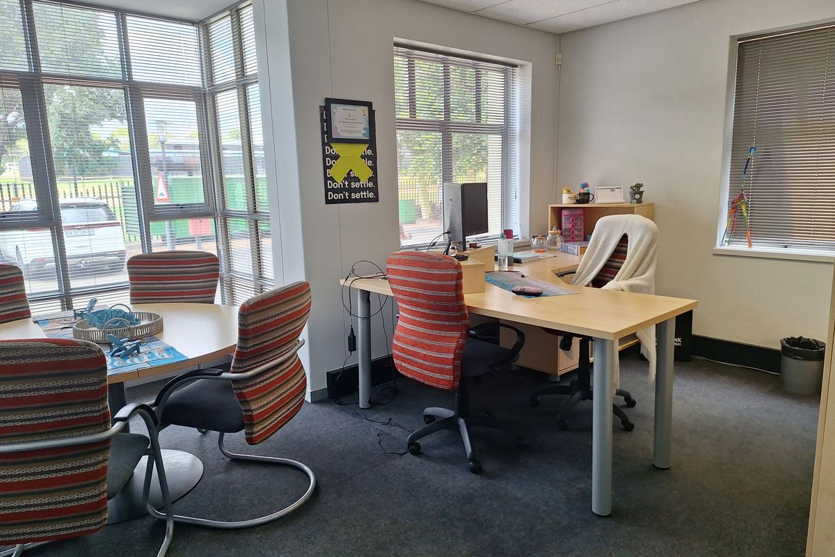 A bright, functional office space featuring large windows with venetian blinds, carpeted flooring, and a suspended ceiling, suitable for professional use.