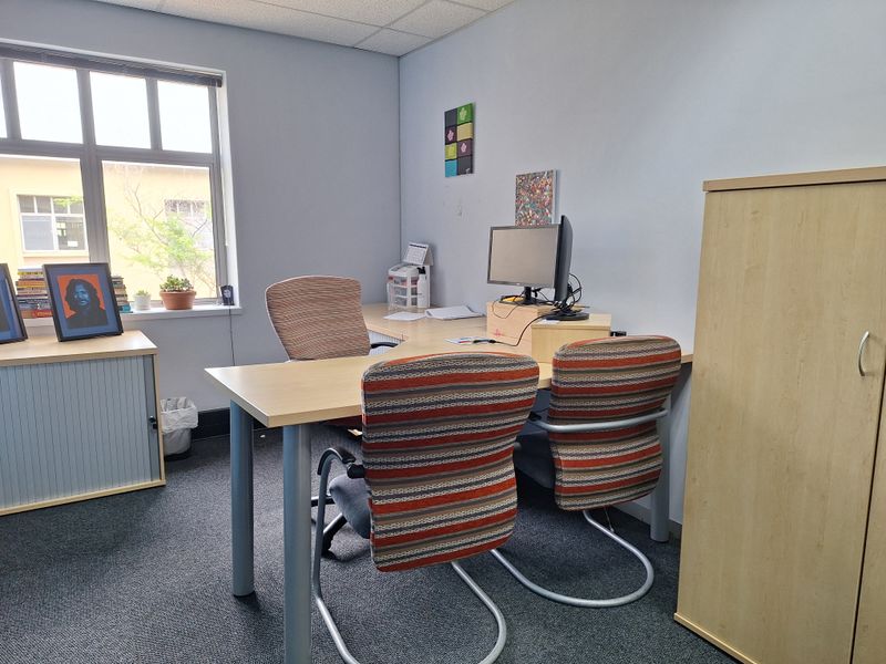 A functional office space featuring carpeted flooring, a large window providing natural light, and a suspended ceiling.
