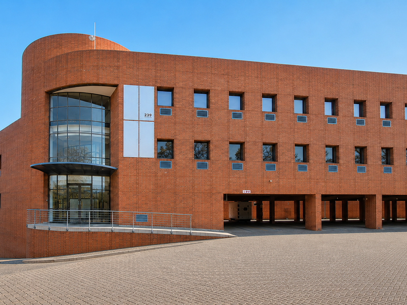 A modern three-story office building featuring a distinctive curved glass entrance, red brick facade, and extensive ground-level undercover parking.