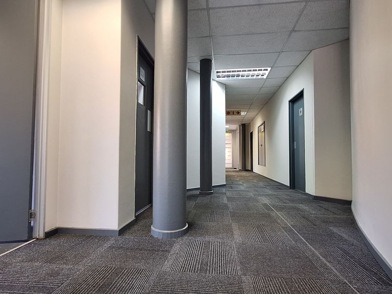 A clean, professional office hallway featuring carpet tile flooring, structural columns, and recessed ceiling lighting, providing access to multiple office suites.