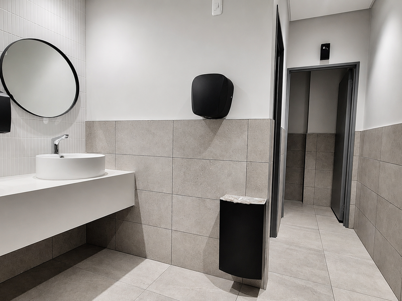 Modern office bathroom featuring dual vessel sinks, a sleek wall-mounted vanity, and contemporary neutral tiling throughout.