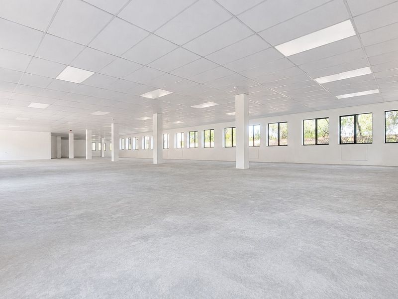 A spacious, open-plan office area featuring a suspended ceiling, recessed lighting, structural columns, and large windows providing ample natural light.