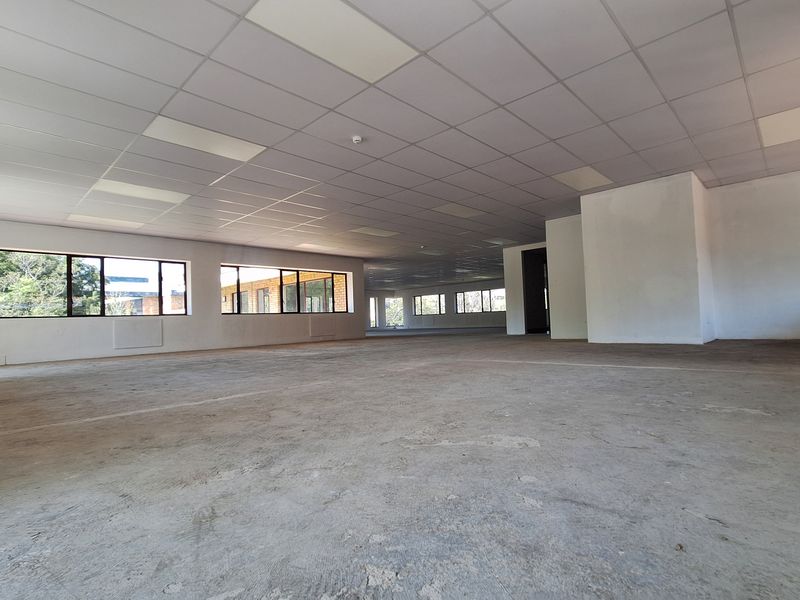 A large, open-plan office space featuring a suspended ceiling with recessed lighting and expansive windows, currently awaiting final flooring installation.