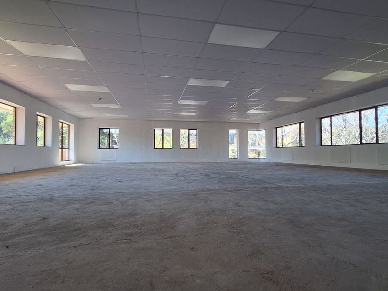 A large, open-plan office space featuring a suspended ceiling, recessed lighting, and multiple windows providing ample natural light. The floor is currently unfinished.