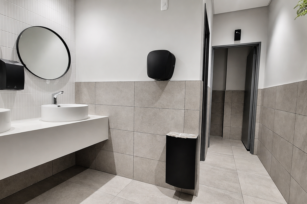 Modern office bathroom featuring dual vessel sinks, a sleek wall-mounted vanity, and contemporary neutral tiling throughout.