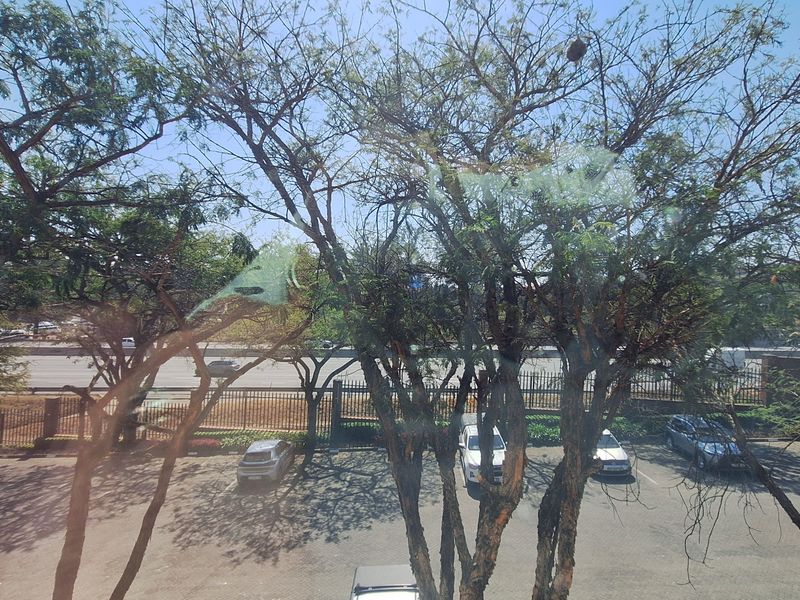 An elevated view overlooking a paved parking area, security fencing, and surrounding trees, captured through a window.