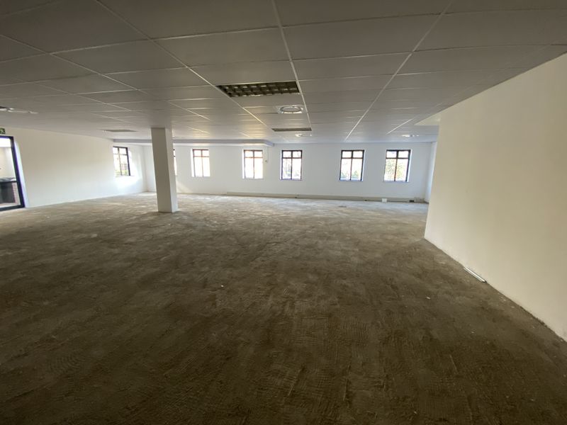 A large, open-plan office space featuring a suspended ceiling, recessed lighting, and multiple windows, currently awaiting final flooring installation.