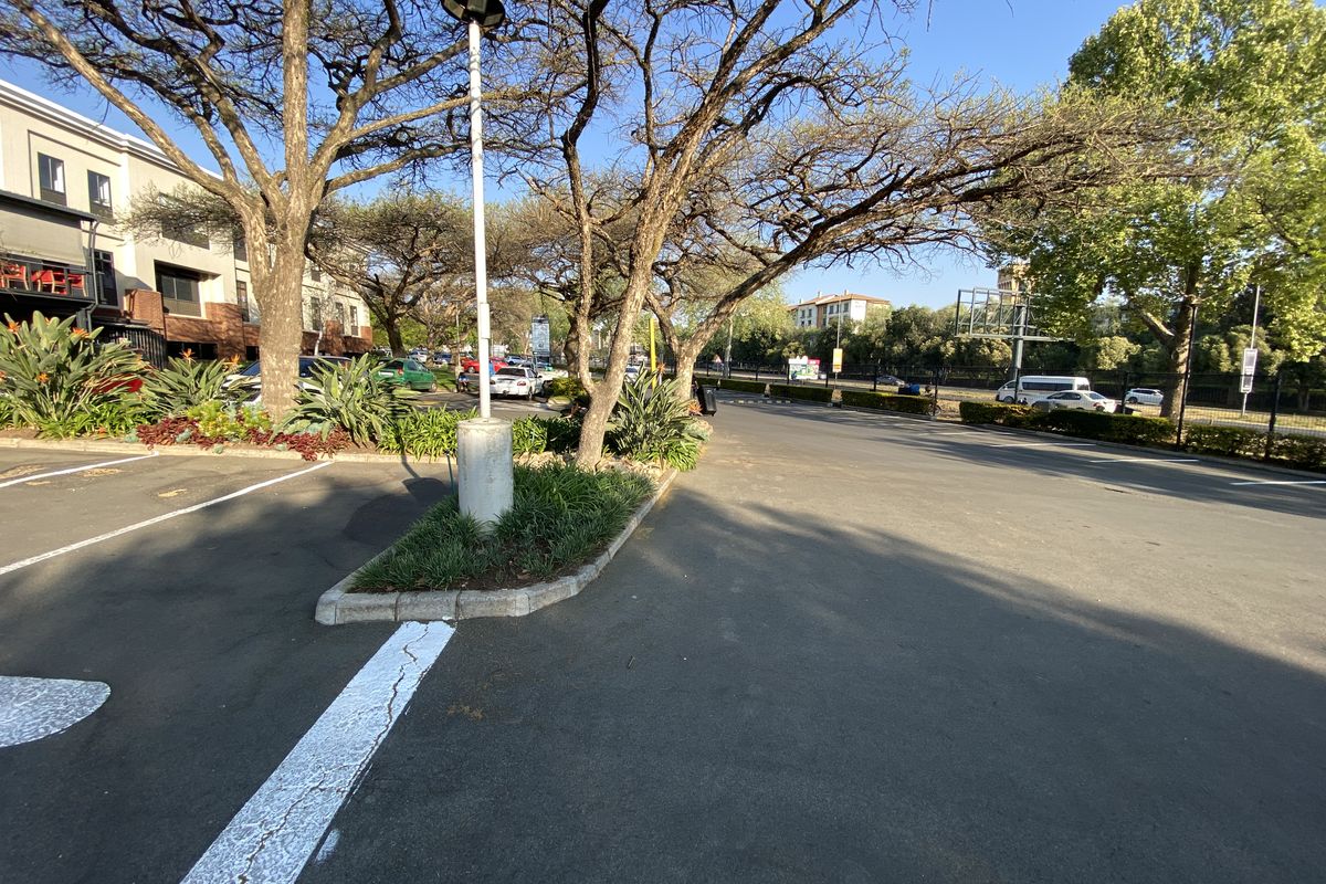 An exterior view of the office property parking area featuring asphalt paving, concrete curbing, and established trees within landscaped garden beds.