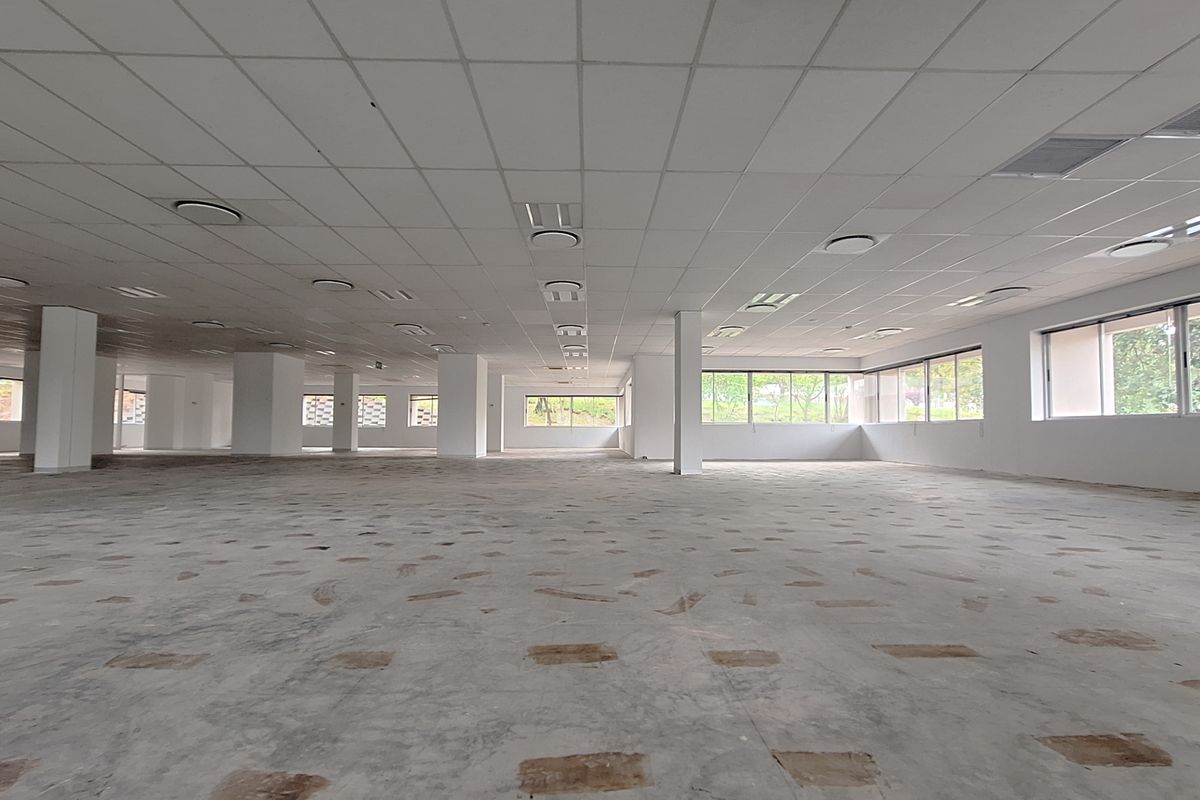 A large, open-plan office space featuring a suspended ceiling, recessed lighting, and expansive windows, currently awaiting final flooring installation.