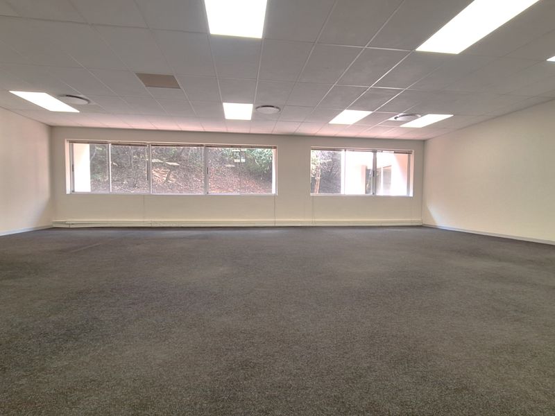 A spacious, empty open-plan office area featuring neutral walls, carpeted flooring, and a suspended ceiling with recessed lighting.