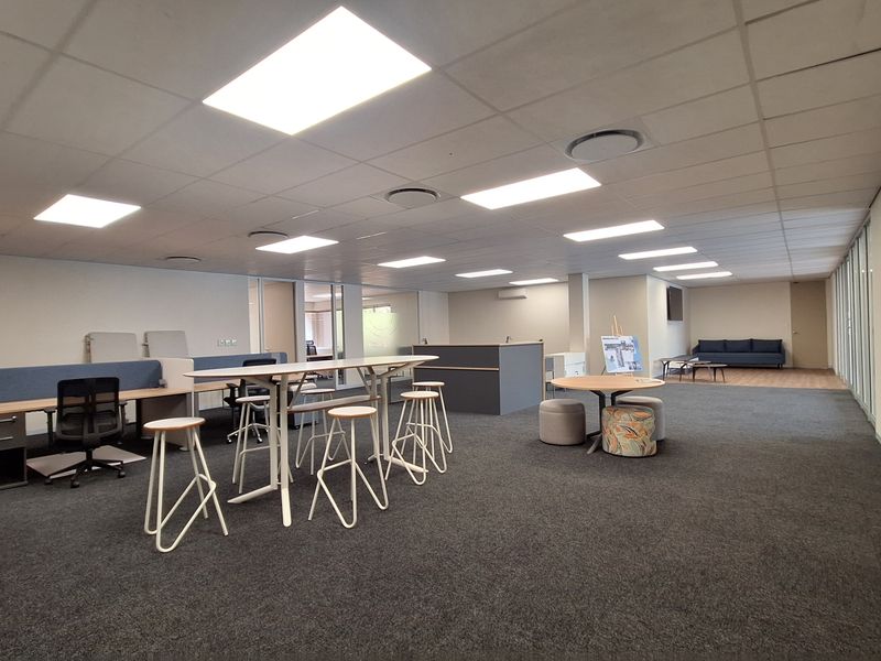 Spacious open-plan office area featuring suspended ceilings, recessed lighting, carpeted flooring, and glass partitions, providing a professional and functional workspace environment.