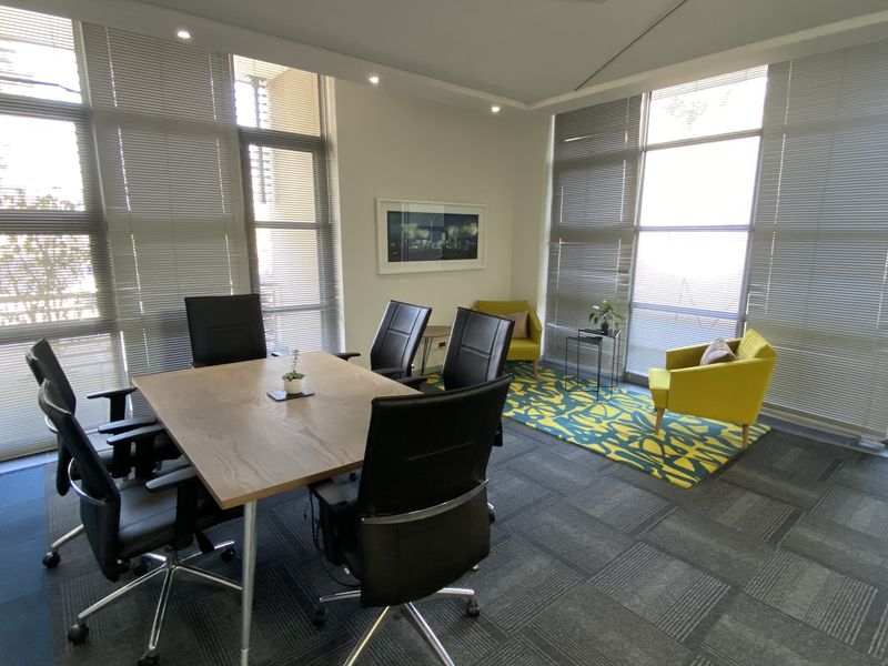 A bright and professional office space featuring large floor-to-ceiling windows with venetian blinds, recessed ceiling lighting, and durable carpet tile flooring.