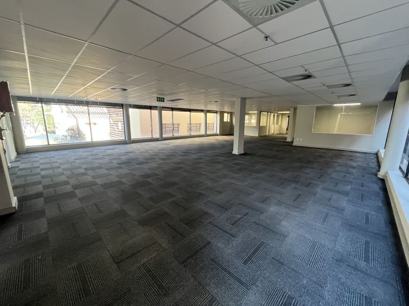 A spacious, open-plan office area featuring carpeted flooring, a suspended ceiling with recessed lighting, and large windows providing ample natural light.