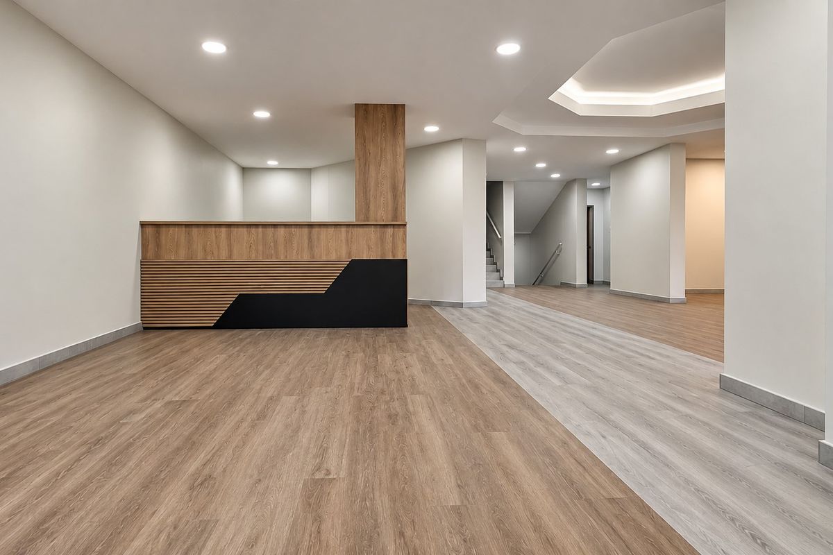 Modern, spacious office reception area featuring a custom wood-accented desk, recessed lighting, and high-quality laminate flooring throughout.