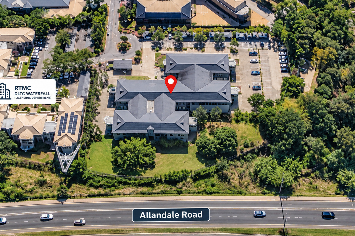 Aerial view of the office complex featuring extensive parking facilities, well-maintained tiled roofing, and landscaped surroundings with direct access to Allandale Road.