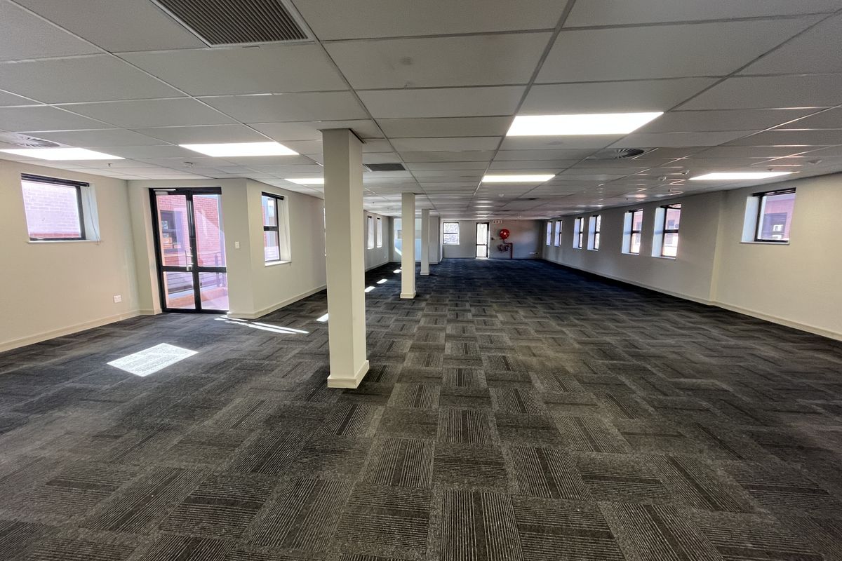 A spacious, open-plan office area featuring a suspended ceiling, recessed lighting, carpet tiles, and structural columns, offering a clean and professional workspace.
