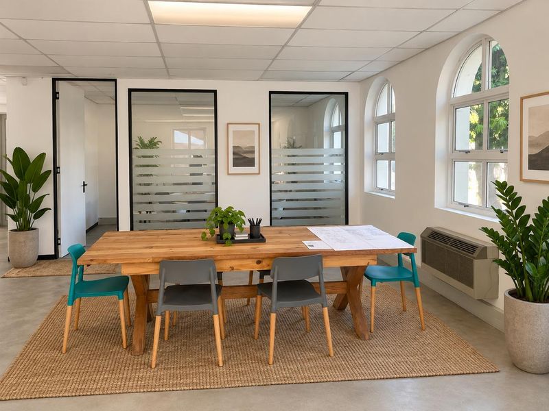 A bright, modern office space featuring polished concrete floors, arched windows, and professional frosted glass partitions, creating a clean and functional work environment.
