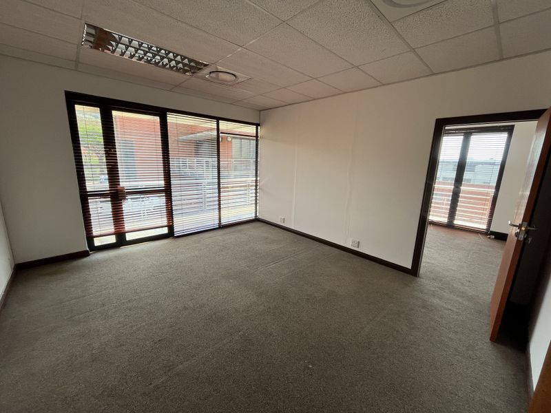 An empty office space featuring a suspended ceiling, recessed lighting, carpeted flooring, and large windows providing natural light.