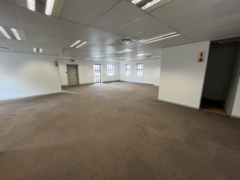 A spacious, empty open-plan office area featuring a suspended ceiling with recessed lighting and neutral carpeting, ready for custom fit-out.