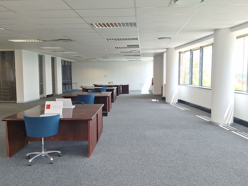 Spacious open-plan office area featuring large windows, carpeted flooring, and a suspended ceiling with integrated lighting and air conditioning.