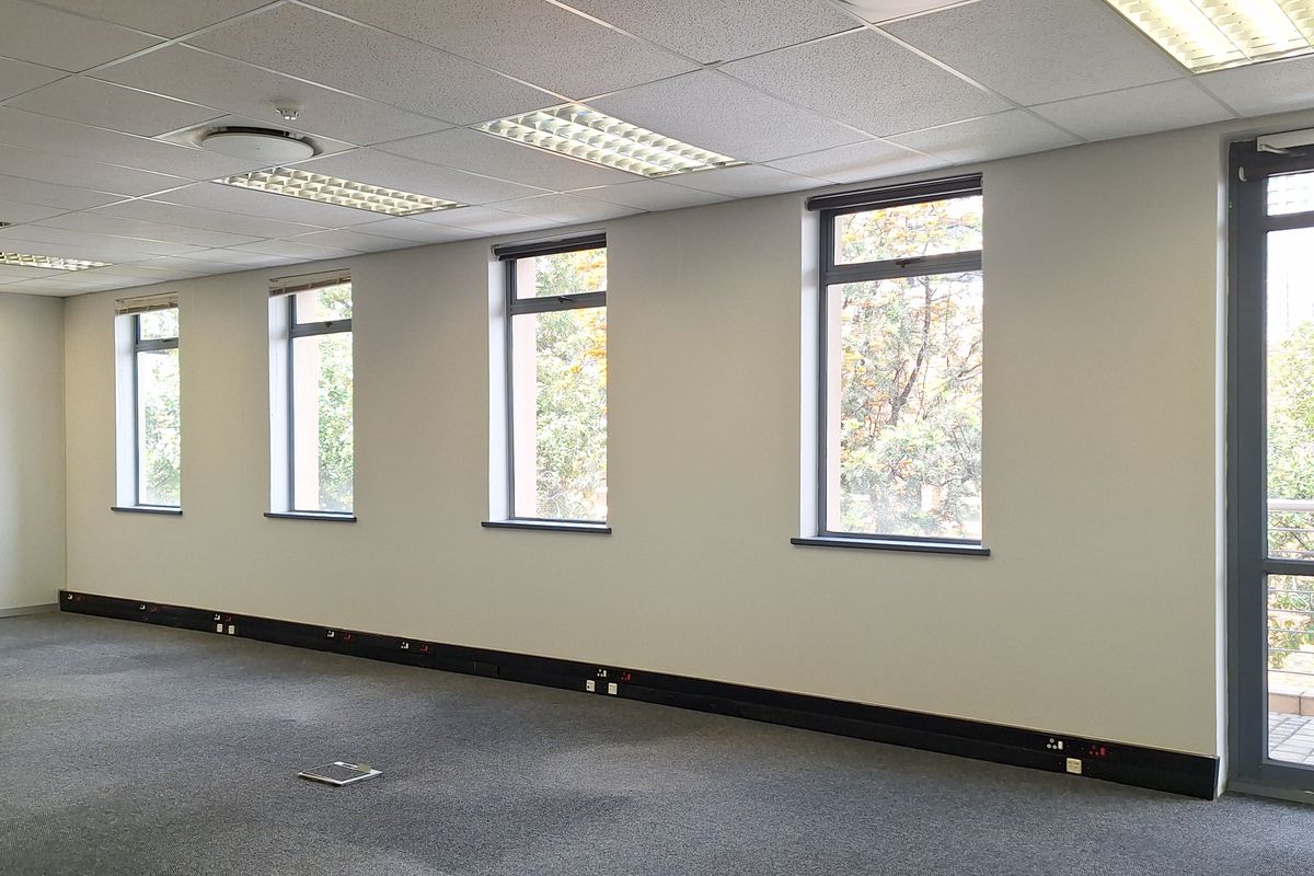 A spacious, vacant office area featuring a suspended ceiling, recessed lighting, carpeted flooring, and ample natural light through multiple windows.
