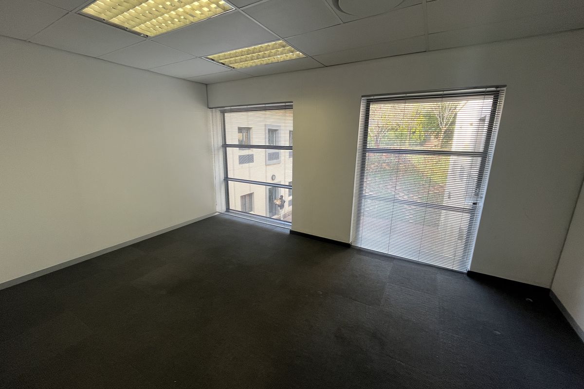 A vacant office space featuring carpeted flooring, suspended ceilings with recessed lighting, and large windows with fitted venetian blinds.