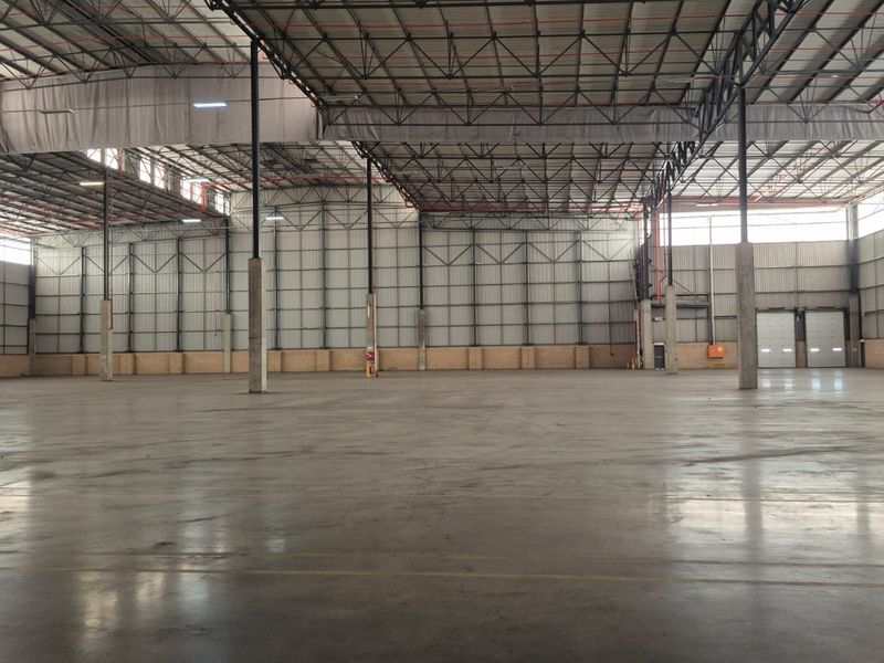 A spacious, open-plan industrial warehouse featuring high ceilings with exposed steel trusses, polished concrete flooring, and large roller shutter access doors.