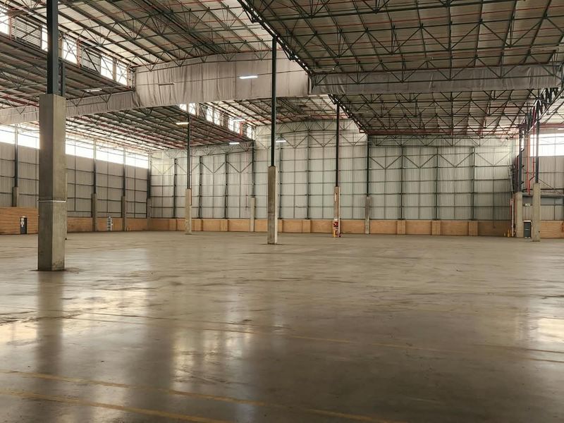 A spacious, open-plan industrial warehouse featuring high ceilings, concrete flooring, and robust steel structural supports, suitable for logistics or manufacturing operations.